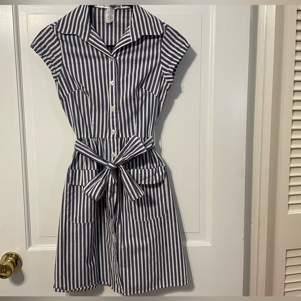 Small button-up blue and white stripe belted Necessary Objects dress